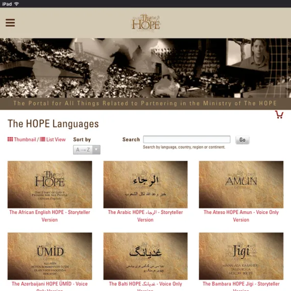 Webpage listing "The HOPE" video translations in multiple languages with search and filter options.