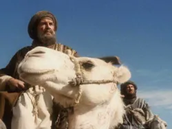 Two men in robes with a camel under a clear blue sky.