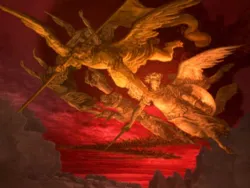 Two golden angels in dramatic battle above a fiery red sky and dark clouds.